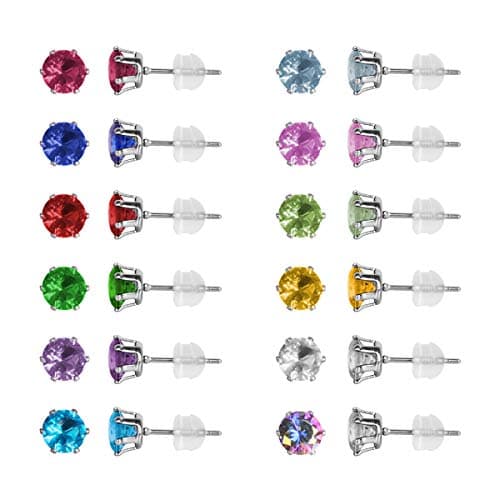 Image of 12 Pairs 18K Yellow Gold Plated Surgical Stainless Steel Stud Earring, CZ Stud Earrings for Women, Cubic Zirconia Birthstone Stud Earrings Set 6mm (Silver Prong 6mm)