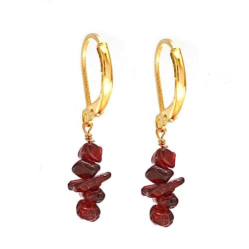 Image of Gempires Natural Red Garnet Chips Leverback Hoop Earrings, 14k Yellow Gold Plated, January Birthstone, Dangle Earrings For Girls (Red Garnet)