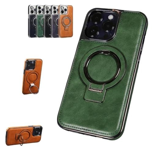 Image of ZMNVIOSH Luxury Leather Invisible Stand for iPhone Case, Transmitg Magnetic Phone Case for iPhone 15/14/13/12 Pro Max - Built-in Invisible Stand (12,green)