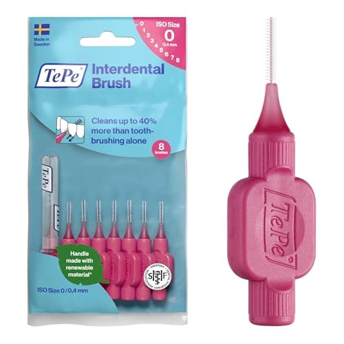 Image of TePe Interdental Brush, Original, Pink, 0.4mm/ISO 0, 8pcs, Plaque Removal, efficient Clean Between Teeth, Tooth Floss, for Narrow Gaps