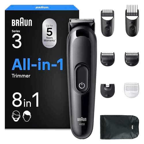 Image of Braun 8-in-1 All-in-One Beard Trimmer & Hair Clipper for Men, Series 3 Grooming Kit with Ultra Sharp Blade, 14 Length Settings (3–21mm), 50-Min Cordless Use, Washable Heads, AIO3545, Black
