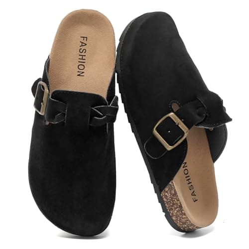 Image of Suede Clogs for Women's,Leather Mules Mens Closed Toe,Adjustable Buckle Comfort Slippers,Soft Cork Footbed Sandals with Arch Support,Anti Slip Black