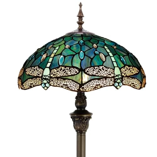 Image of ZJART Tiffany Floor Lamp Stained Glass Lamp 16X16X70 Inch Standing Antique Reading Light (Dark Blue Dragonfly)
