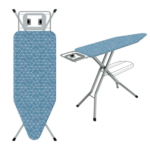 Image of TEENO Folding Ironing Board, 120 x 45 cm Ironing Surface, Adjustable Height (72-92 cm), Silicone Iron Rest, Safety Lock, Anti-Skid Feet, Foldable for Home & Laundry Use (Geometric Blue)