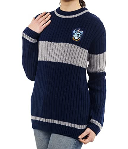 Image of Harry Potter Ravenclaw Quidditch Jumper: Hogwarts House Ravenclaw Quidditch Uniform Replica Rib Stitch Knitted Crew Neck Jumper for Men and Women (L) Blue, Silver