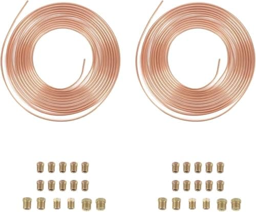 Image of 3/16"(4.76mm) x 50ft(15.24m) Brake Pipe Copper Coated Steel Tubing with 32 Nuts Fittings, Automotive Replacement Brake Lines Kit, Car Replacement Brake Hose Line Kit, Car Inner Steel Brake Oil Pipe