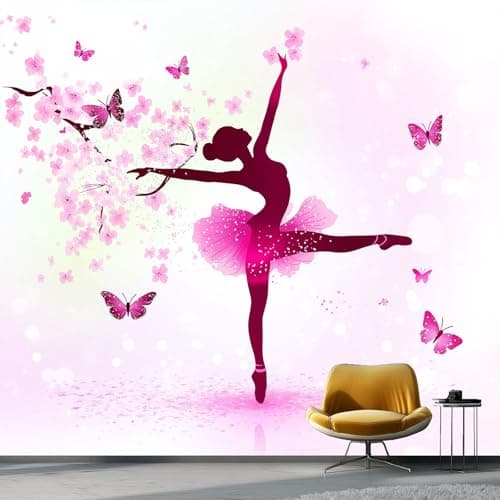 Image of Non-Woven Wallpaper 350 X 256 Cm Light Luxury Ballet Dancer 3D Art Photo Wallpaper Wall Mural Home Poster Decoration Ballet Butterfly Flower Silhouette Murals Wall Art Print for Living Room