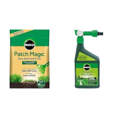 Image of Miracle-Gro Patch Magic Grass Seed, Feed and Coir 3.6 kg - 48 patches & EverGreen Fast Green Spray & Feed, Liquid Lawn Food, 1 Litre