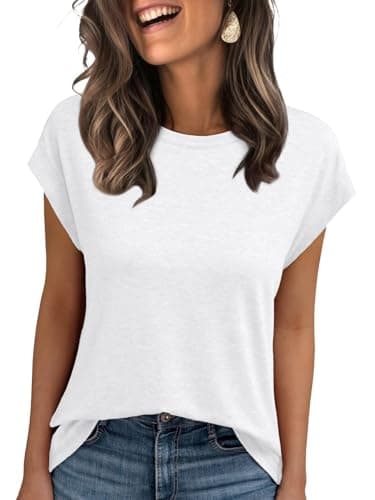 Image of AirMood Womens Summer Casual Basic T-Shirt Tops Dressy Loose Fit Crewneck Cap Sleeve Tee Tshirts (White,S)
