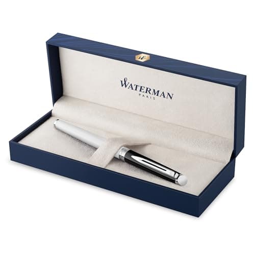 Image of Waterman Hémisphère Fountain Pen | Black & White Lacquer with Palladium Coated Trim | Stainless steel Fine Nib | Blue Ink | Gift Box