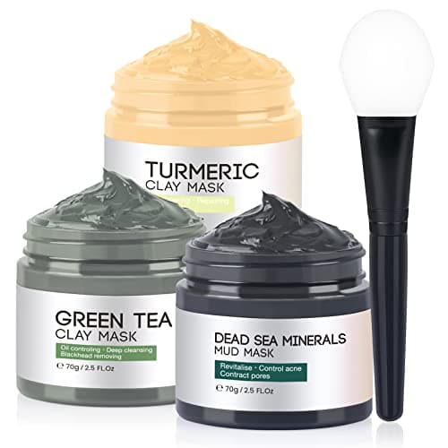 Image of 3PCS Clay Face Mask Skincare - Facial Skin Care Mask for Deep Pore Cleansing Turmeric Dead Sea Mud Green Tea Purifying and Hydrating - Reduce Acne Blackheads for Women and Men 2.5 OZ each