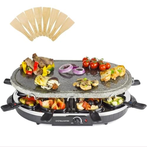 Image of Andrew James Electric Raclette Hotplate Party Non Stick Grill Machine, Oval Stone Hot Plate Cooks Evenly and Retains Heat, 8 Fondue Cheese Pans and Wooden Spatulas Set, 1200W, Thermostat Control