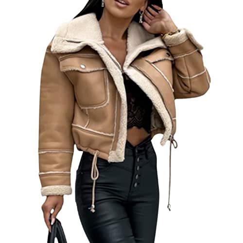 Image of PDYLZWZY Women's Faux Suede Motorcycle Biker Sherpa Lined Coat Fur Collar Winter Aviator Leather Coat Bomber Jacket, dark khaki, L