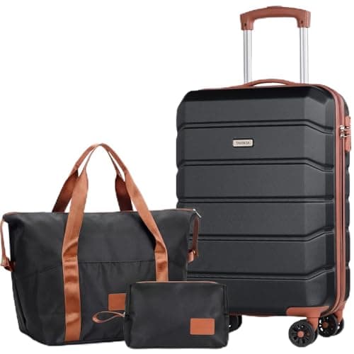 Image of H.yeed Luggage Sets of 3 Piece, Lightweight Trolley Travel Suitcase Set ABS Hard Shell with 4 Spinner Wheels TSA Lock for Man Women, 21" + Duffels Bag & Toiletry Bag, Black