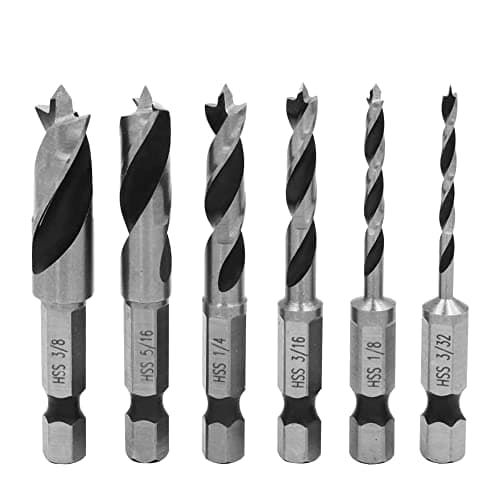 Image of Bestgle 6Pcs Brad Point Drill Bits Set, 1/4" Hex Shank HSS Spiral Twist Wood Drill Bit Set for Soft, Hard, Veneered, Laminated Wood MDF Acrylic Woodworking Tool 3/8", 5/16", 1/4", 3/16", 1/8", 3/32"