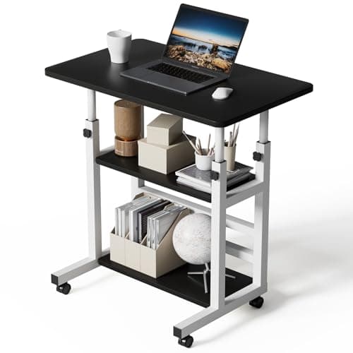 Image of Warmiehomy Adjustable Height Computer Desk with Wheels, C Shaped Laptop Table with 2 Shelves, Overbed Table for Bedroom, Sofa, Home Office, Living Room 60x37x60-90cm, Black