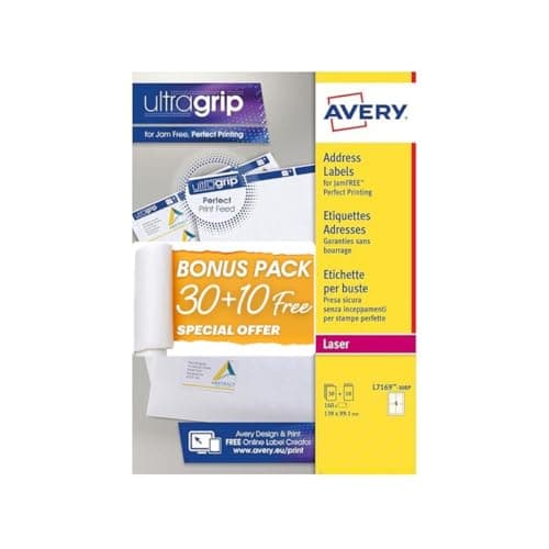 Image of Avery Bonus Pack of Labels, Laser Printer, White Blank A4 Labels, 30 Sheets Plus 10, 139 x 99.1mm, UltraGrip, L7169-30BP