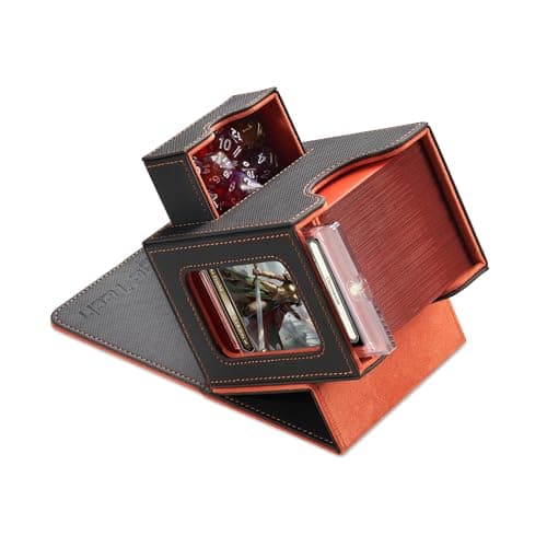Image of Mage Tech Commander Deck Box for MTG - Patented Design, Commander Display, Fits 100 Double-Sleeved Cards, 35pt Magnetic Card Holder & Dice Tray - Dark Grey/Orange