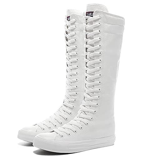 Image of Momuk Women's Fashion Lace Up Knee High Canvas Zip Boots Girls Fancy School Shoes White