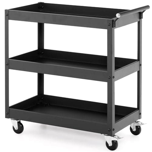 Image of COSTWAY 3 Tiers Tool Trolley, Heavy Duty Service Cart with Handle and Lockable Wheels, Rolling Workshop DIY Storage Trolley for Garage Restaurant Kitchen (1 Towel Rack Handle, Black)