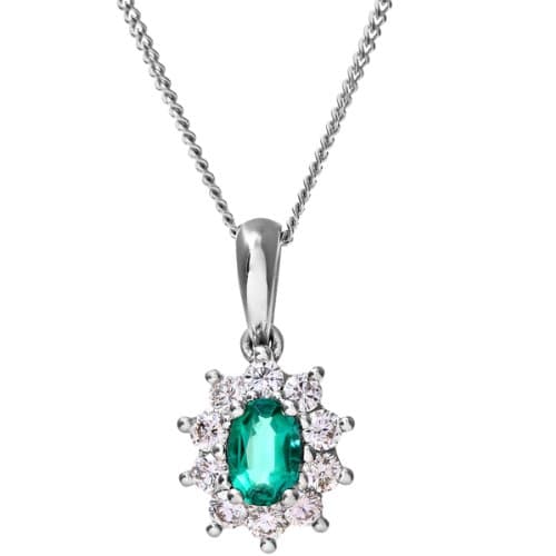 Image of Naava Women's 18 ct White Gold Cluster Pendant + Chain, Diamond and Emerald, Round Brillliant, 0.35ct