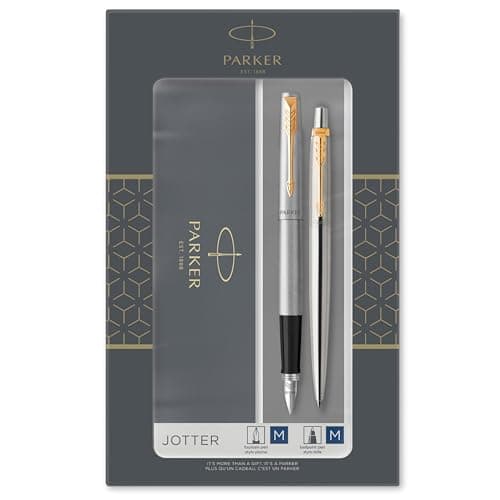 Image of Parker Jotter Duo Gift Set with Ballpoint Pen & Fountain Pen | Stainless Steel with Gold Trim | Blue Ink Refill & Cartridges | Gift Box
