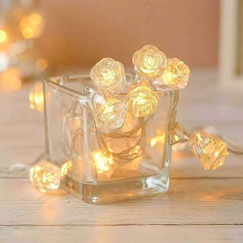 Image of HHMTAKA Indoor Crystal Rose String Fairy Lights Battery Operated 40 Warm White LED 6M Flower Fairy String Lights Blossom Lights for Indoors,Bedroom,Christmas Decoration