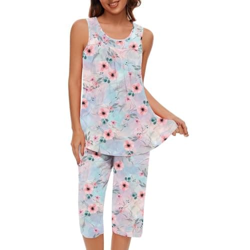 Image of Ladies 2 Piece Pyjama Set UK Sale, Womens Floral Sleepwear Sleeveless Vest Shirts and Three Quarter Cropped Pants Bottoms Flowers Print Lounge Set Comfort Cotton Loungewear Stretch Fit Nightwear