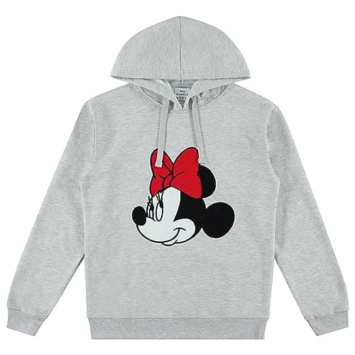 Image of Disney Ladies Mickey Mouse Fashion Hoodie Mickey and Minnie Mouse Classic Crochet Patch Hoodie Sweatshirt, Heather Grey, XL