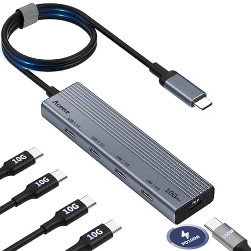 Image of Aceele Powered USB C Hub 10Gbps with 2Ft Long Extension Cable, 4 Ports Type-C 3.2 Splitter with 100W Power Delivery, 5-in-1 USB C Dock for Laptop MacBook Pro/Air iPad Pro XPS and More