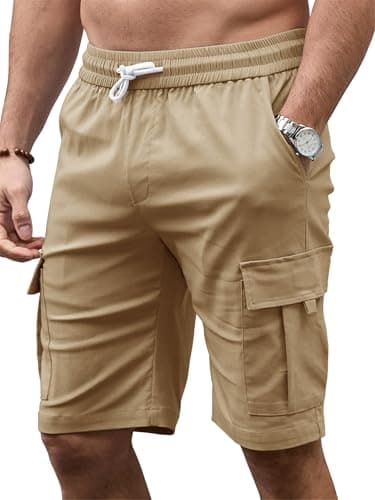 Image of Tolaler Mens Cargo Shorts Summer Casual Elasticated Waist Work Shorts Combat Drawstring Fit with Multi Pockets Sports Outdoor Walking Hiking Khaki L