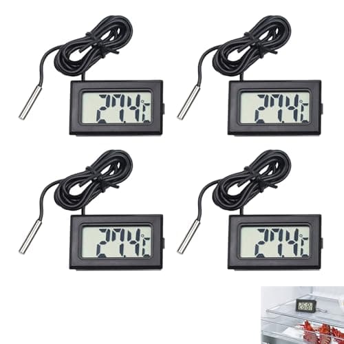 Image of 4 Pcs Digital Thermometer Temperature, Fridge Thermometer with External Probe for Fridge, Freezer, Refrigerator, Aquarium, LCD Display -50℃ to +110℃ Range, ±1.0℃ Accuracy, Compact Design, Black