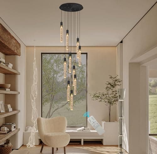 Image of kaixunl 10feet Adjustable Long Attic Chandliers 10-Light Black Metal Transparent Crystal with Bubble Pendant Light Staircase Entrance Foyes High Ceiling Crystal Chandelie LED Dimmable 2700K-6000K