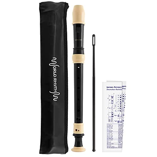 Image of World Rhythm WR-805 Descant School Recorder with Bag, Cleaning Rod and Fingering Chart - Soprano - English/Baroque Fingering - Black & Ivory