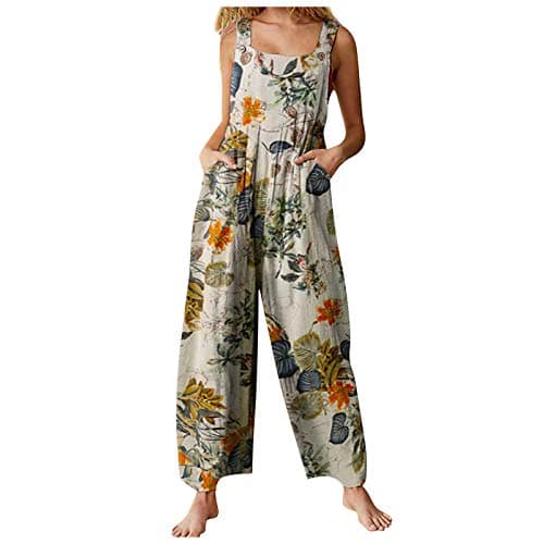 Image of Edhomenn Women Summer Dungarees Multicolor Patchwork Square Neck Long Jumpsuit Playsuit Sleeveless Casual Baggy Overalls Rompers (B-Yellow, L)
