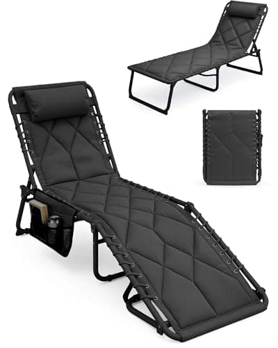 Image of KEPLIN Foldable Sun Lounger Chair - Padded Diamond Outdoor Garden Recliner, 4 Position Adjustable Backrest, 600D Oxford Fabric, Portable Patio Camping Deck Chair - 110kg Capacity