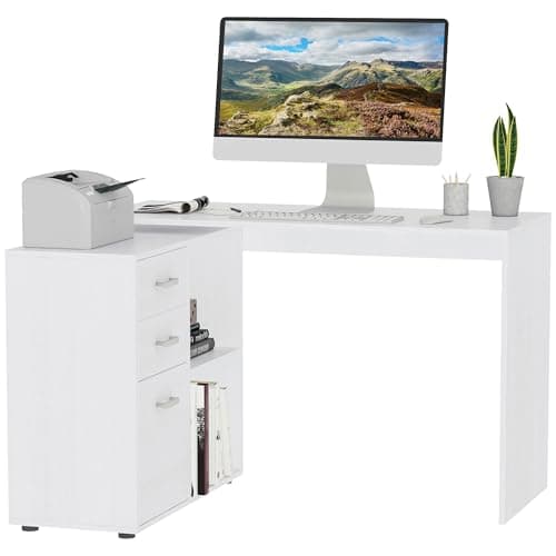 Image of HOMCOM L-Shaped Computer Desk, 2 Shaped Corner Desk with Drawers, File Cabinet and Storage Shelves, Home Office Desk, White