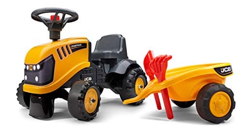 Image of Falk Baby JCB ride-on tractor with trailer, rake & shovel - outdoor ride on tractor for kids ages 12 months +