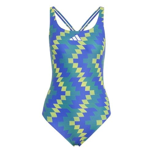 Image of adidas Women's Football-Inspired V-Back Graphic Swimsuit, Lucid Blue/Bold Green, 38