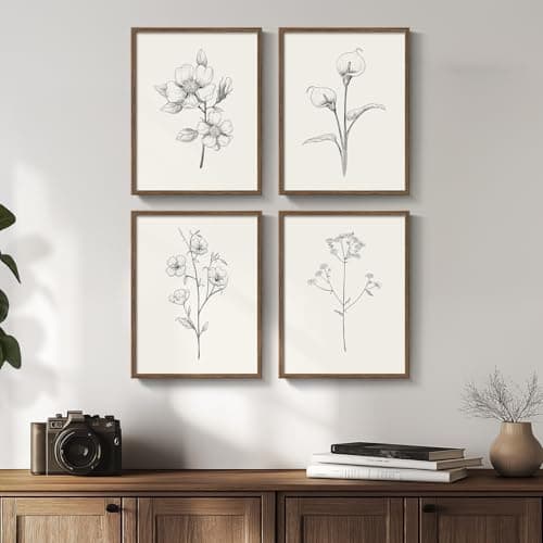 Image of Vintage Floral Wall Art with Walnut Framed, 4 Piece Farmhouse Black and White Botanical Canvas Prints Painting, Rustic Minimalist Flower Pictures for Bedroom Kitchen Bathroom Living Room Home Decor