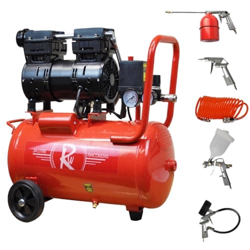 Image of RocwooD Air Compressor Electric 24L Litre 1HP 750w Silent Portable Oil Free 8bar 116psi 5CFM 5 Piece Accessories Kit Workshop Garage 230v 3 Pin 13amp UK Plug Red Low Noise 21kg