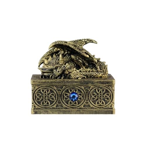 Image of KINBENNOBLE Mythic dragon statue jewellery box, Medieval retro rectangular trinket box with dragon lid, Square shape treasure chest, Gold finish.