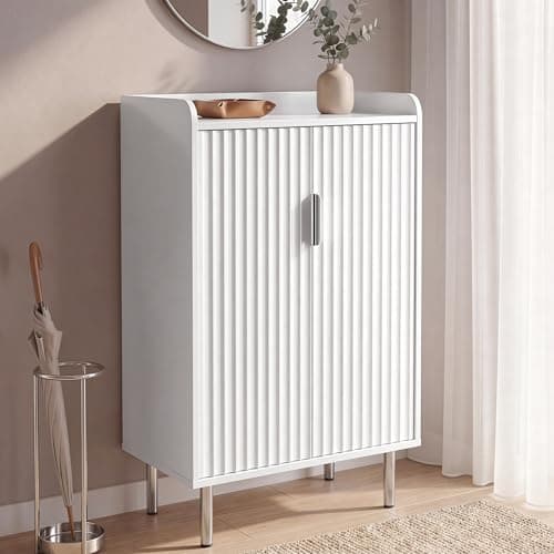 Image of Blisswood Shoe Cabinet with Doors, Fluted Wooden Shoe Storage Cupboard, 5-Tier Shoe Rack with Adjustable Shelves, Metal Legs & Handles for Living Room, Hallway Bedroom White 36Dx 60Wx 105H cm