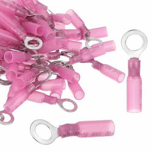 Image of sourcing map 100pcs Heat Shrink Ring Connectors #1/4" Tinned Copper Insulated Ring Crimp Terminals 22-16 Gauge for Electrical Industrial Chemical Project, Red