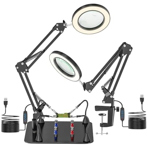 Image of Jubor 10X 15X Magnifying Glass with Light and Stand, Magnetic Soldering Aid Helping Hand with Magnifying Lamp, Third Hand Soldering Magnifier with 3 Color Modes Dimmable for Crafts, Soldering, Repair