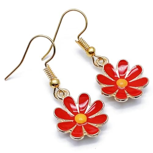 Image of Daisy Flower Charm Earrings, Pretty Red Enamel Charm Beads on Nickel Free Gold Tone Hooks : 35mm long, Floral Jewellery Gift for Women, Flower Drop