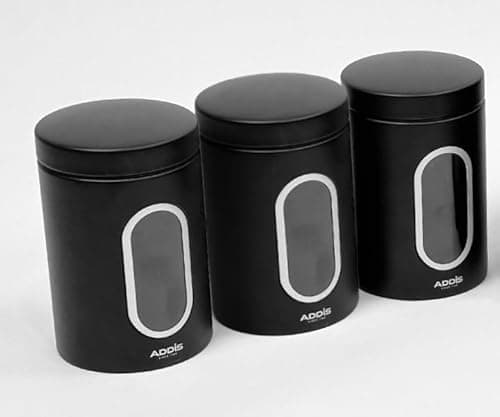 Image of Addis Kitchen Storage Canisters 3 Pack Storage Container Set, Ergonomic Food Containers, Storage Jars with Window – For Tea, Coffee Sugar, Nuts, All black finish