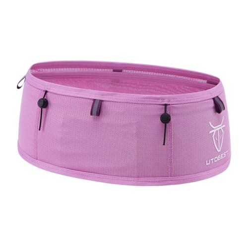 Image of UTOBEST Running Belt for Men & Women, Bounce-Free Running Waist Pack Fits All Phones, 4-Pocket Trail Running Belt Fits 500ml Soft Flask, Pole Carry Straps for Road, Race & Trail (Pink-L)