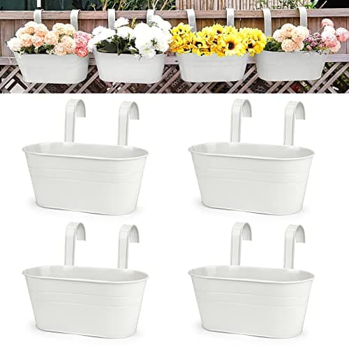 Image of OGIMA 4pcs Hanging Flower Pots, Metal Iron Wall Planter Indoor/Outdoor for Railing Fence Balcony Garden Home Decoration with Detachable Hooks, 4x White
