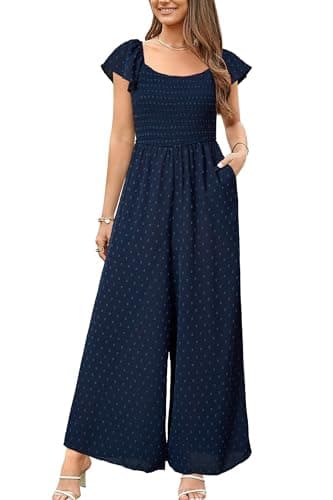 Image of VOTEPRETTY Jumpsuits for Women UK Short Sleeve Square Neck Smocked Wide Leg Dungarees One Piece Outfit with Pockets Solid Navy,L